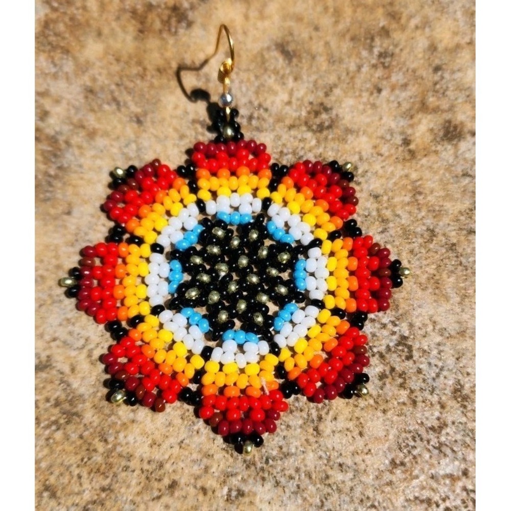 Handmade Women's Native Flower Beaded Earrings. Multicolor - Picture 2 of 5